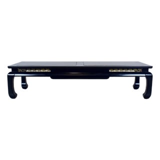 Ming Style Coffee Table, Black Lacquered Wood, Brass Fretwork, Usa For Sale