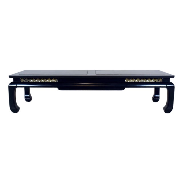 Ming Style Coffee Table, Black Lacquered Wood, Brass Fretwork, Usa For Sale