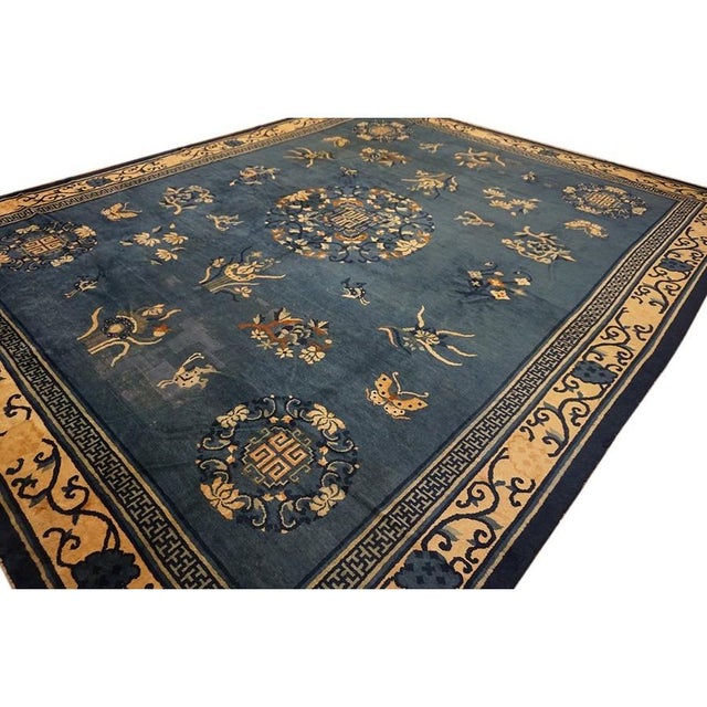 1920s Blue Field Floral Traditional Medallion Antique Chinese Peking Knotted Rug For Sale - Image 4 of 8