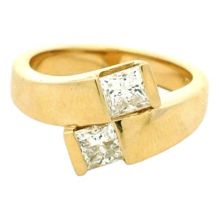 Vintage 14k Gold Two Diamond Bypass Ring, 1.2 Carats Total, Size 9.5 For Sale