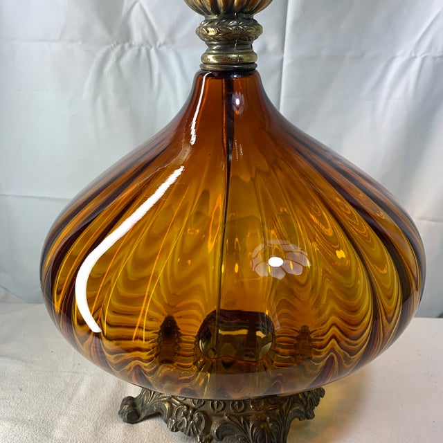 Vintage Mid Century Modern Amber Glass Table Lamp For Sale - Image 4 of 6