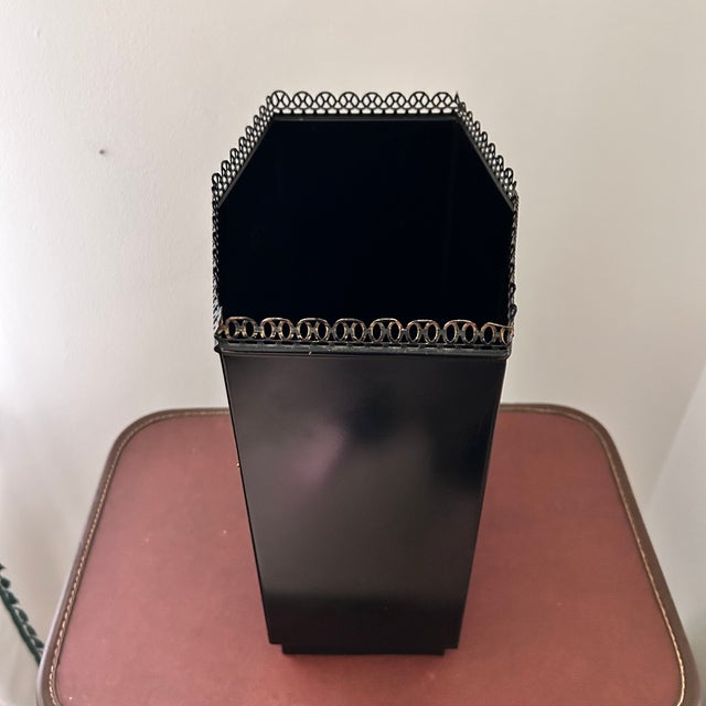 1970s Vintage Wolff Black & Gold Floral Toleware Wastebasket For Sale - Image 5 of 14