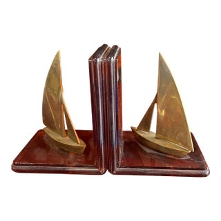 1970s Pair of Brass Nautical Sailboat Bookends With Lucite Base For Sale