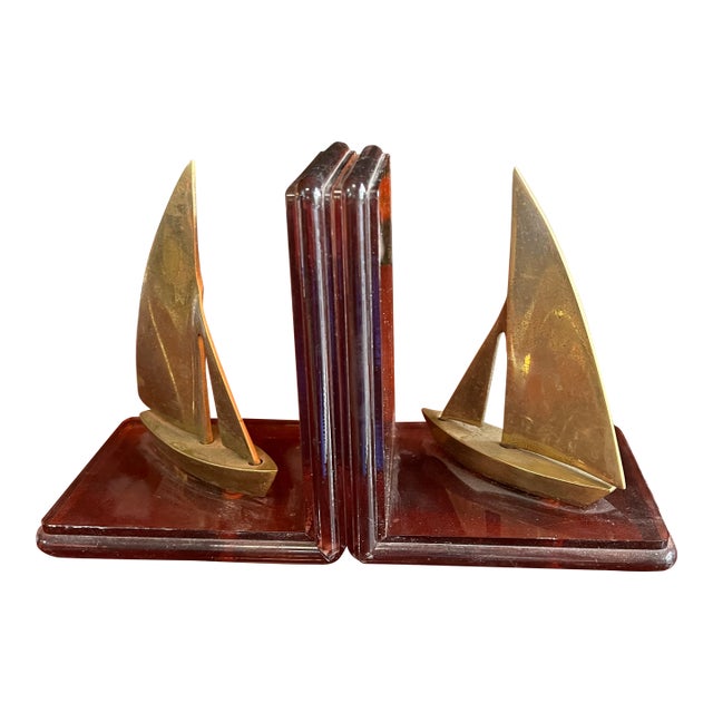 1970s Pair of Brass Nautical Sailboat Bookends With Lucite Base For Sale