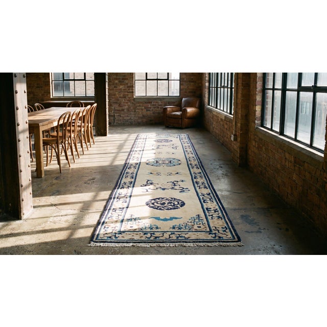Early 20th Century 1900s Beige Medallion Antique Chinese Ningxia Rug 2' 2" X 9' 9" Handknotted Wool Carpet For Sale - Image 5 of 7
