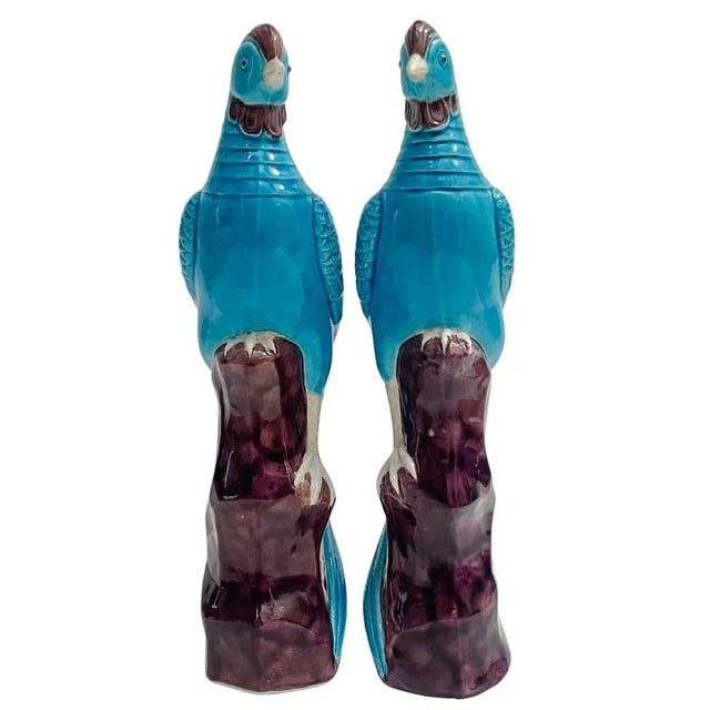 Early 20th Century Early 20th Century Chinese Turquoise Porcelain Perched Phoenix Birds - A Pair For Sale - Image 5 of 10