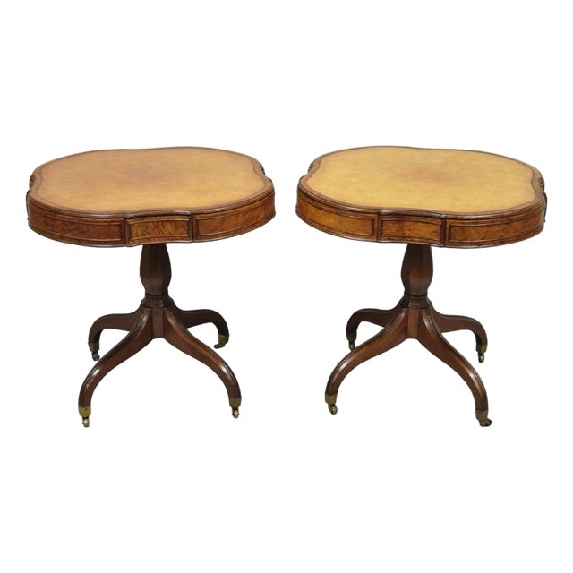 Vintage English Regency Leather Top Mahogany Drum End Table W/ 4 Drawers - Pair For Sale