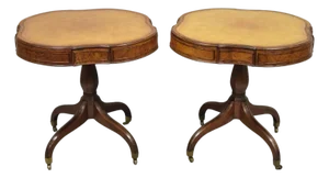 Vintage English Regency Leather Top Mahogany Drum End Table W/ 4 Drawers - Pair