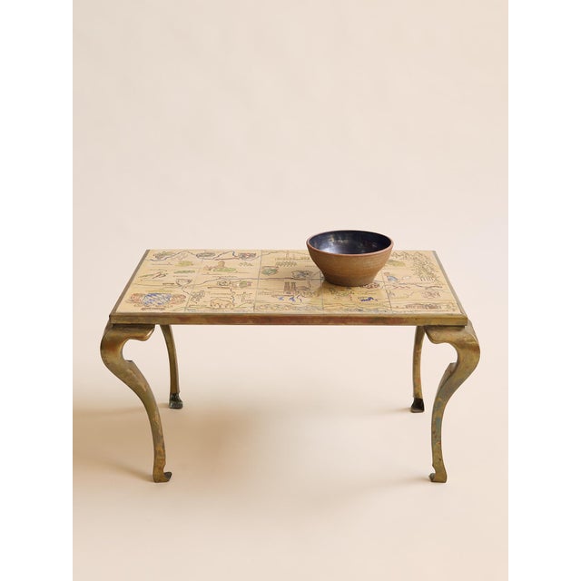 The Vintage French-Inspired Hollywood Regency Brass and Tile Map Coffee Table For Sale - Image 4 of 9