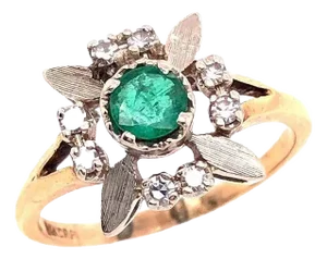 14 Karat Yellow and White Gold Emerald Solitaire With Diamond Accents Ring
