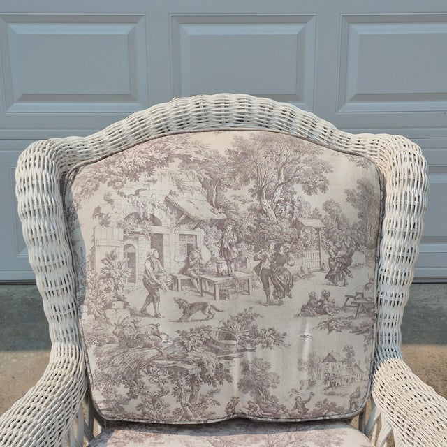 Victorian Late 20th Century Vintage White Wicker Large Wingback Lounge Chair W/ Toile Cushions For Sale - Image 3 of 15