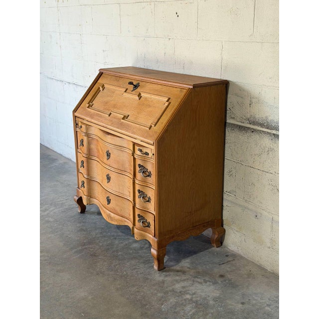 Mid-Century Modern Oak Bureau With Drop-Front Desk and Three Serpentine Drawers Danish Mid-Century Modern 1970s For Sale - Image 3 of 11