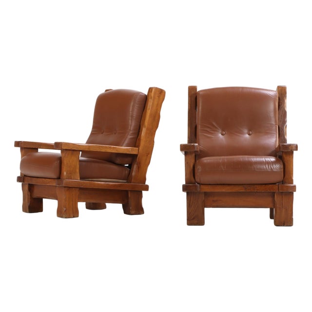 A Pair of French Heavy Oak Brutalist Style Open Arm Chairs, C. 1960. For Sale