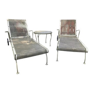 Russell Woodard Iron Chaise Lounge Chairs and Petite Side Table, 3 Pieces - Restored, Attributed For Sale