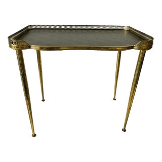 Vintage Hollywood Regency Neoclassical Brass Side Table with Leather Top and Gallery Edge, 1960s For Sale