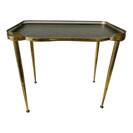 Vintage Hollywood Regency Neoclassical Brass Side Table with Leather Top and Gallery Edge, 1960s For Sale
