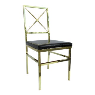 C.1950's Italian Hollywood Regency Brass X-Mitered Cross Back, Accent/Side Chair With Black Patent Leather Upholstery For Sale