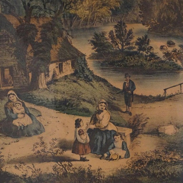 An antique print by Currier & Ives titled 'The Meeting Of The Waters,' depicting a serene landscape with a castle, river,...