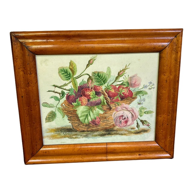 Late 19th Century Vintage Watercolor of Basket Filled With Flowers and Strawberries, Framed For Sale