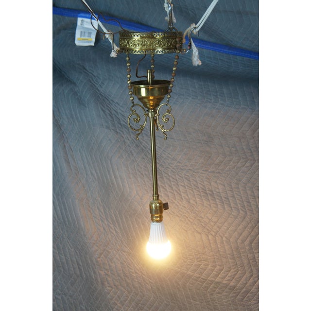 Metal Antique Victorian Brass Filligree Acanthus 1 Light Parlor Drop Pendant 19" For Sale - Image 7 of 8
