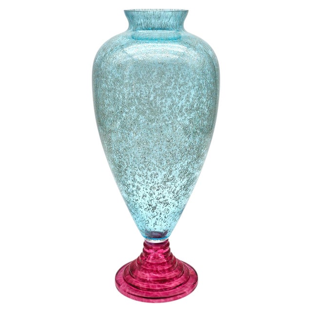 Tall Italian Art Glass Vase Aqua Controlled Bubble With Ruby Red Base Sculptural Murano Style 15" For Sale - Image 4 of 11