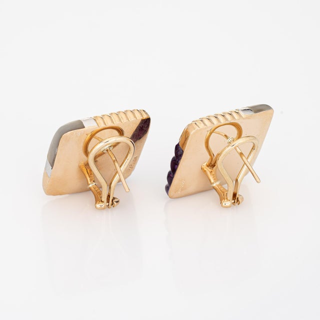 Stylish pair of vintage amethyst, diamond & mother of pearl square earrings crafted in 14k yellow gold (circa 1980s)....