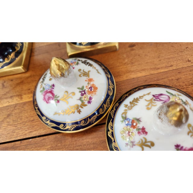 Early 20th Century Vintage Continental Cobalt & Gilt Porcelain Covered Urns, Sèvres Style — A Pair For Sale - Image 5 of 18