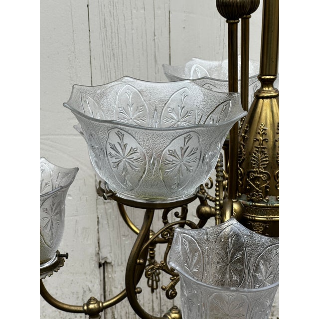 Vintage Nine Light Brass Restored Gas Fixture For Sale In New York - Image 6 of 12