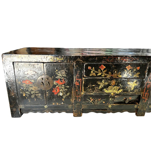Wood Antique Chinese Painted Lacquer Low Cabinet For Sale - Image 7 of 12