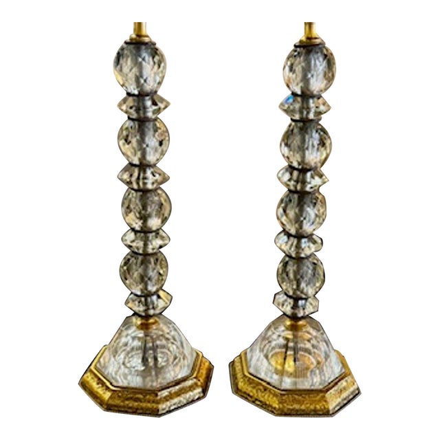 Pair of Antique French Faceted Crystal Element Lamps For Sale
