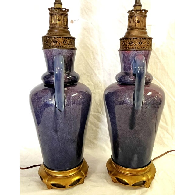 Vintage Ceramic Amphora Handled Vase Lamps With Purple Floral Decoration- a Pair For Sale In West Palm - Image 6 of 12