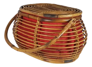 Vintage Italian Red Wool and Rattan Basket, 1960s
