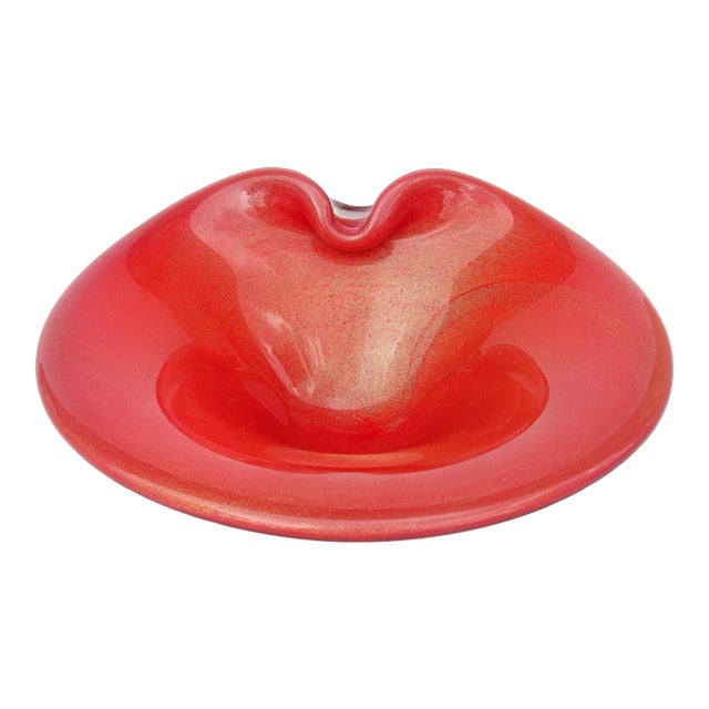 Murano Vintage Persimmon Orange Gold Flecks Italian Art Glass Flared Rim Decorative Center Bowl For Sale