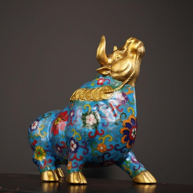 Mid 20th Century Vintage Cloisonne Enamel Ox Figure – 8.7" Gilt Mythical Bull Sculpture For Sale - Image 5 of 9