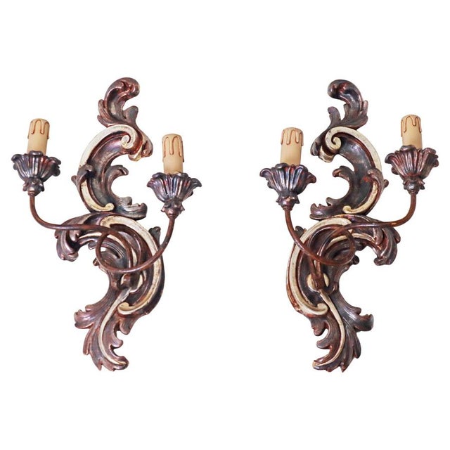 Italian Baroque Hand-Carved Wall Lights in Wood & Metal, 1950s, Set of 2 For Sale - Image 13 of 13