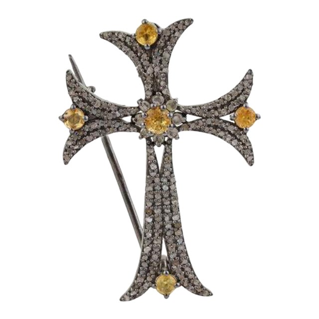 Antique Style Yellow Sapphire & Diamond Flared Cross Pendant Brooch For Sale