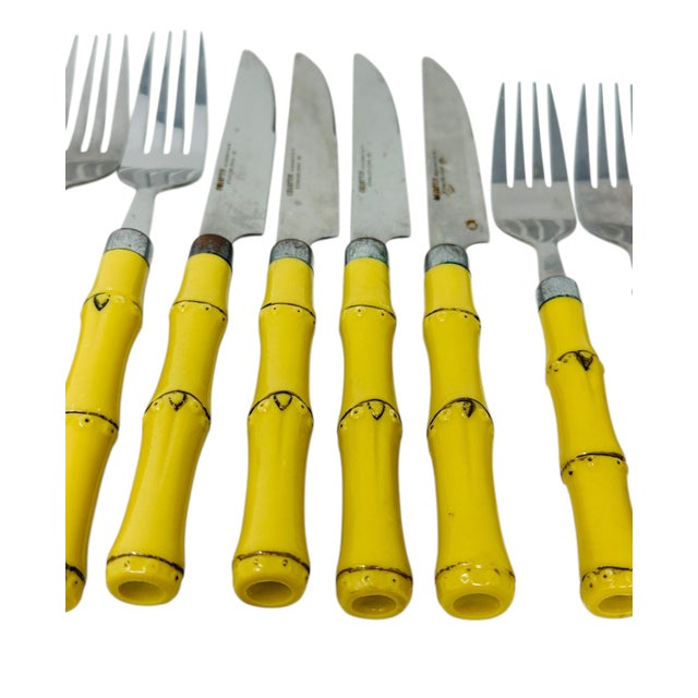 Yellow Faux Bamboo Flatware Set, 18-Piece Hampton Silversmiths Cutlery, Mid-Century Modern Dining Decor, Tiki Bar Entertaining For Sale In Tampa - Image 6 of 10