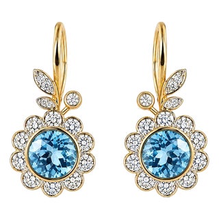 Art Nouveau Topaz Flower and Leaf Drop Earrings, Silver, Gold, Pair For Sale