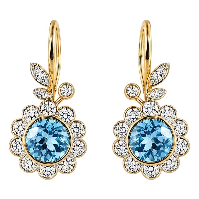 Art Nouveau Topaz Flower and Leaf Drop Earrings, Silver, Gold, Pair For Sale