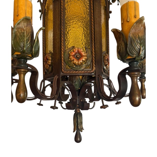 Early 1900’s Original Polychrome Painted Chandelier With Flowers and Amber Glass For Sale - Image 4 of 14