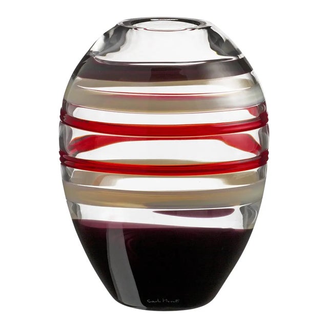 Carlo Moretti Reina contemporary mouth blown Murano glass vase in clear glass with blood red, white and bright red swirls....