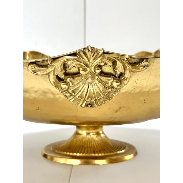 1970s Large Hollywood Regency Brass Pedestal Bowl – Scalloped Centerpiece With Ornate Handles For Sale - Image 5 of 12