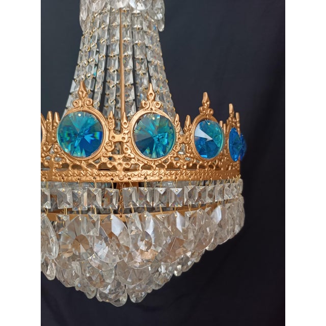 Vintage Brass Aqua Blue Crystal Chandelier For Sale - Image 11 of 12