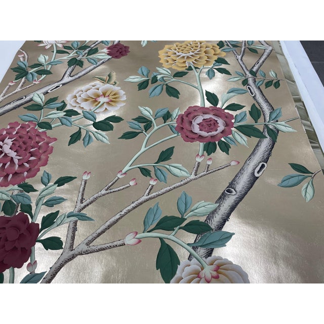 Champagne Gold Leaf Chinoiserie Hand-Painted Peacock & Floral Wall Panels (Set of 3) For Sale - Image 4 of 6