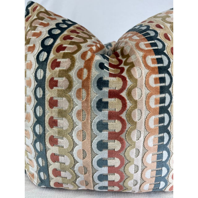 Custom pair of 22" pillows covered in a Geometric stripe cut velvet in multi. These pillows have tapered corners to...