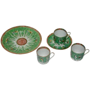 Famille Verte Set of Porcelain Cabbage and Butterfly Pattern Cups and Plates