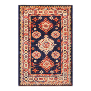 Bohemian Super Kazak Blue/Beige Wool Rug - 2'1'' X 3'2''