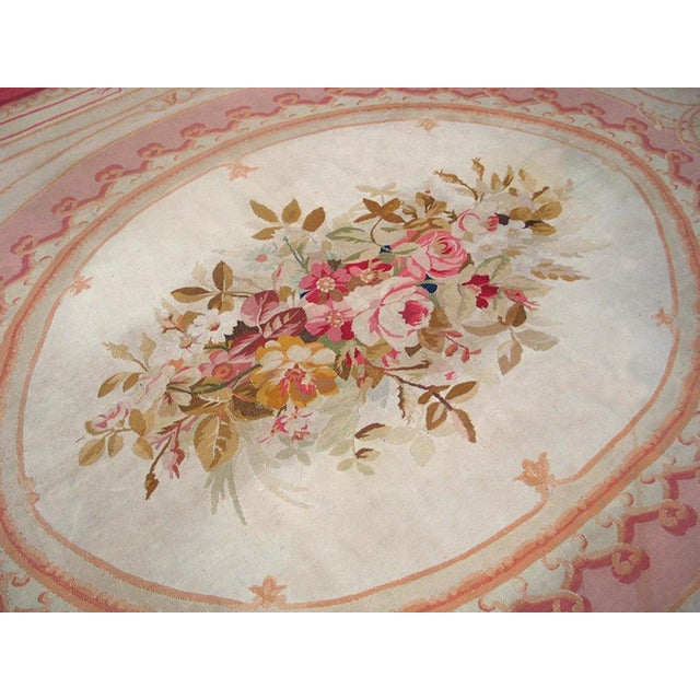 Late 19th Century 1880s Ivory Floral Medallion Antique French Aubusson Rug 9'3" X 13' Flatweave Wool Carpet For Sale - Image 5 of 8