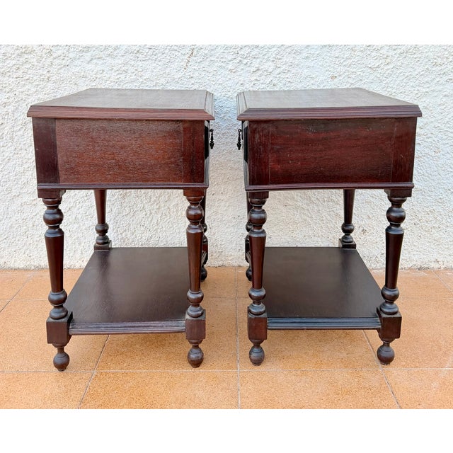 Spanish Carved Wood Bedside Tables with Lower Shelves, 1940s, Set of 2 For Sale - Image 9 of 11