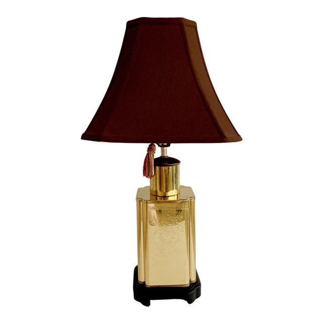 Vintage Chinoiserie Brass Tea Canister Table Lamp and Lampshade For Sale